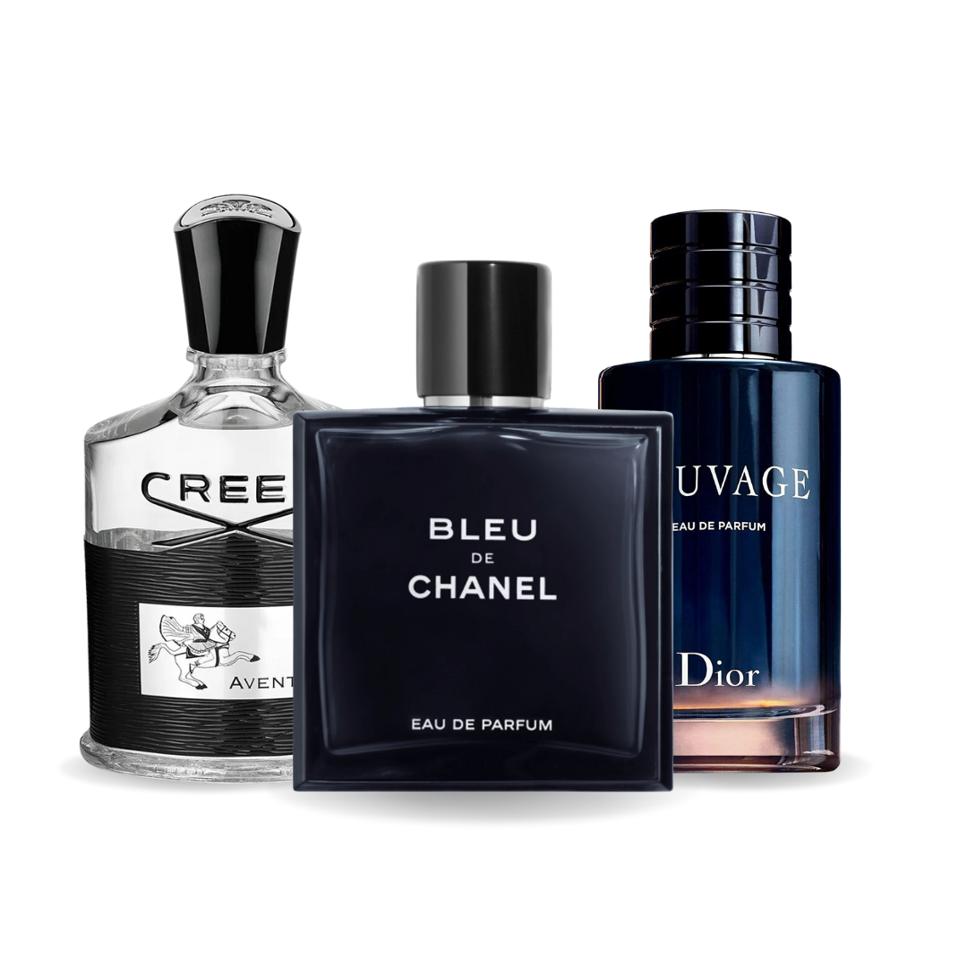 Pacchetto promozionale di 3 profumi Creed AVENTUS, BLEU DE CHANEL e Dior SAUVAGE 100ml.