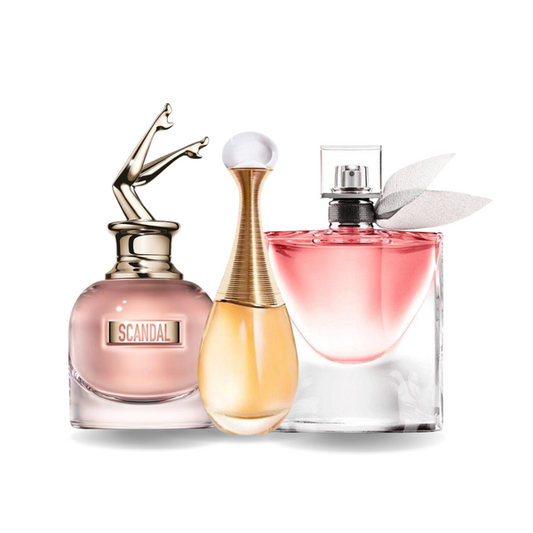 Pacchetto promozionale di 3 profumi: Jean Paul Gaultier SCANDAL, Dior J'ADORE e Lancôme LA VIE EST BELLE 100ml.