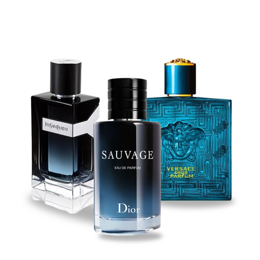 Pacchetto promozionale di 3 profumi: Dior SAUVAGE, Yves Saint Laurent Y MEN e Versace EROS 100ml.
