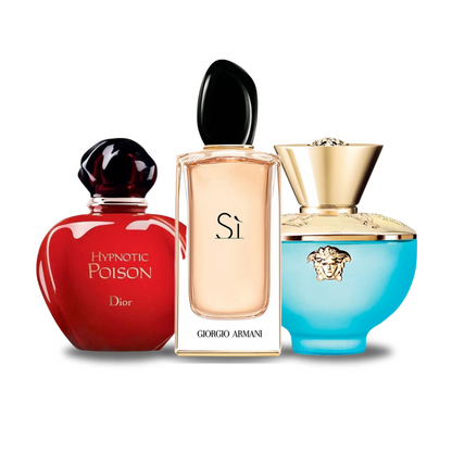 Pacchetto promozionale di 3 profumi Dior HYPNOTIC POISON, Giorgio Armani SÌ e Versace DYLAN TURQUOISE 100ml.